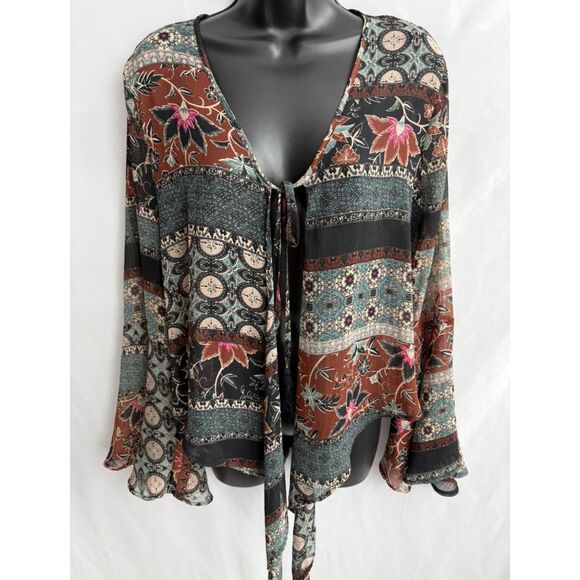 Penelope Boho Bell Sleeve Sheer Top Cover Size M Earthy Bohemian Floral - Picture 1 of 9